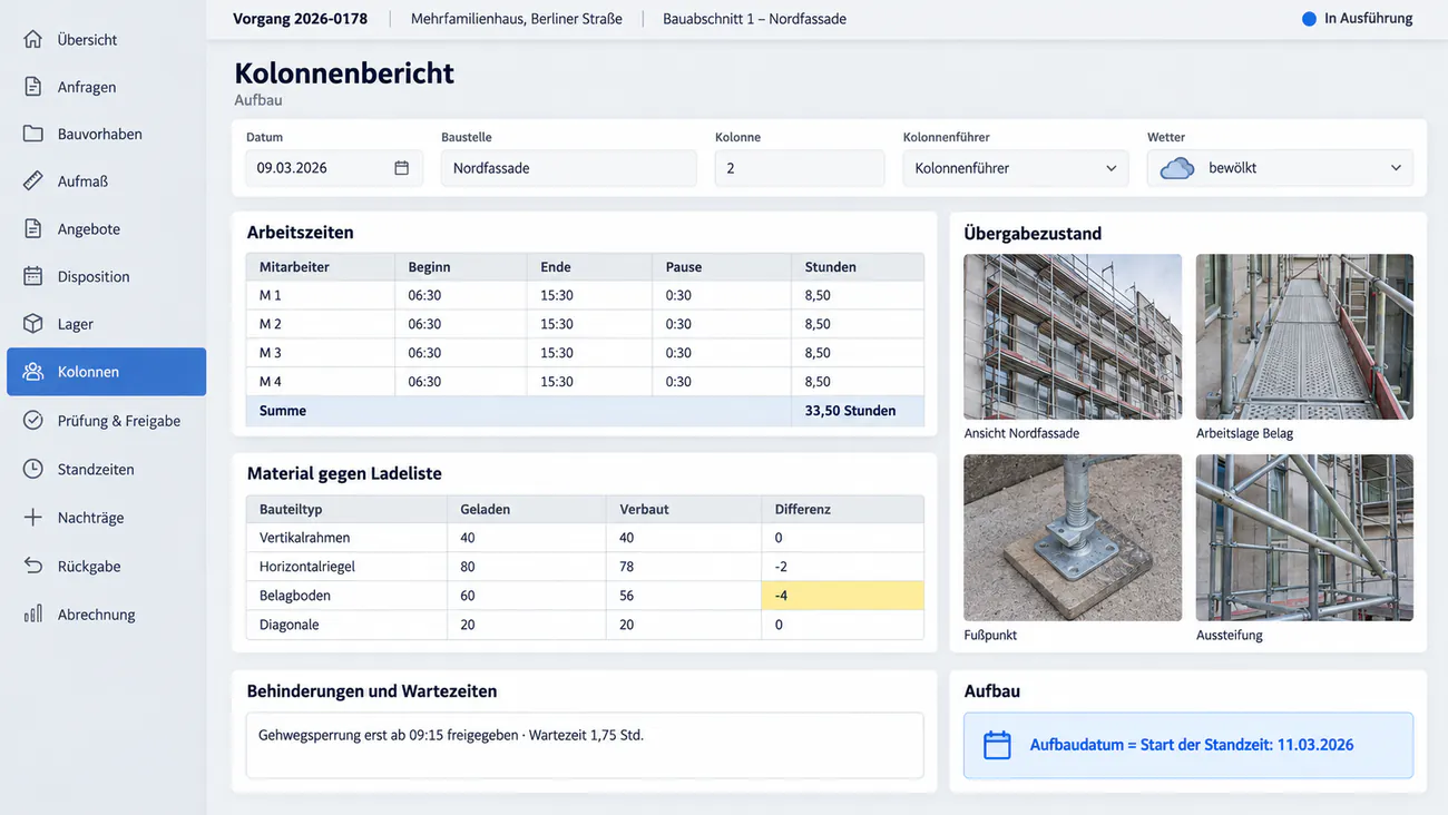 Maske: Kolonnenbericht mit Arbeitszeiten, verbautem Material und Fotos