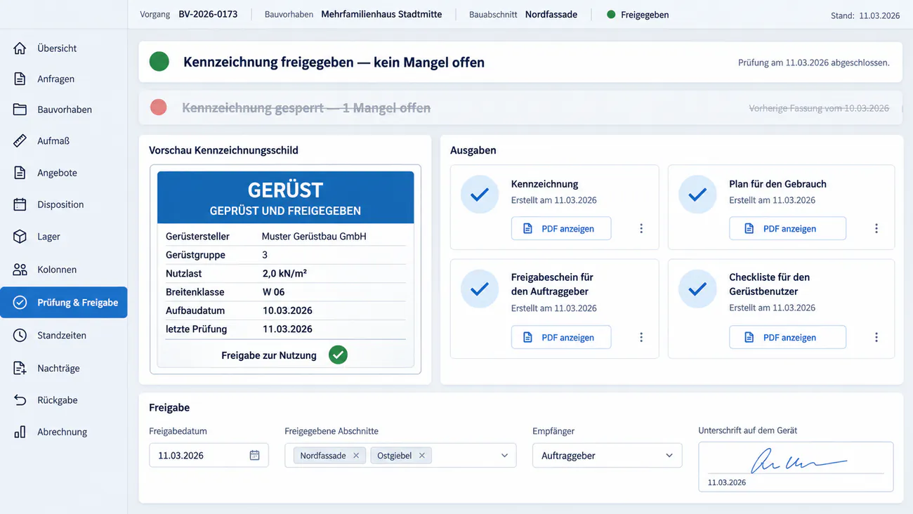 Maske: Kennzeichnung und Freigabeschein entstehen erst ohne offenen Mangel