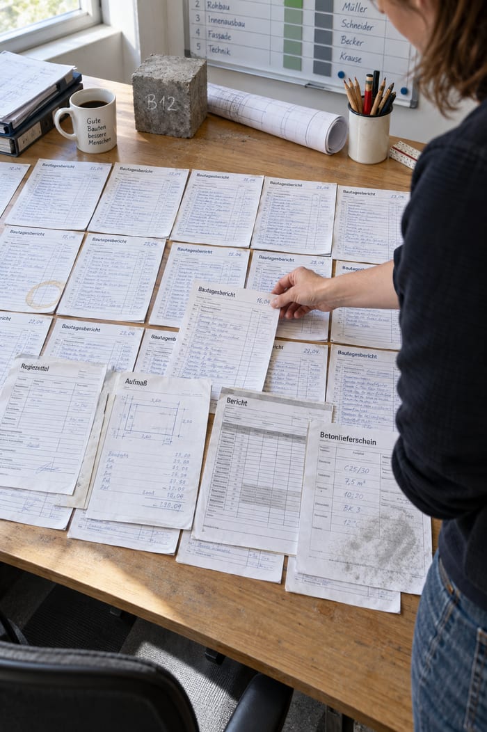 Erstgespräch mit Tagesbericht, Regiezettel und Aufmaßblatt auf dem Tisch
