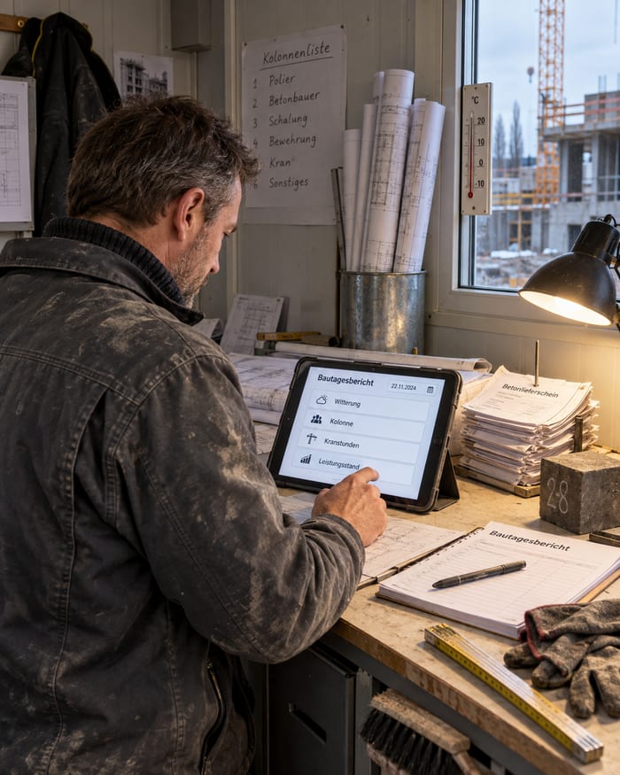 Bauleiter eines Hochbauunternehmens sieht am Tablet den Stand seiner Baustellen