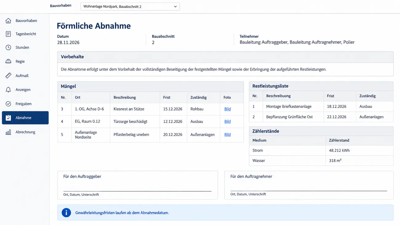 Maske: Abnahmeprotokoll mit Vorbehalten, Mängeln, Restleistungen und Unterschriften
