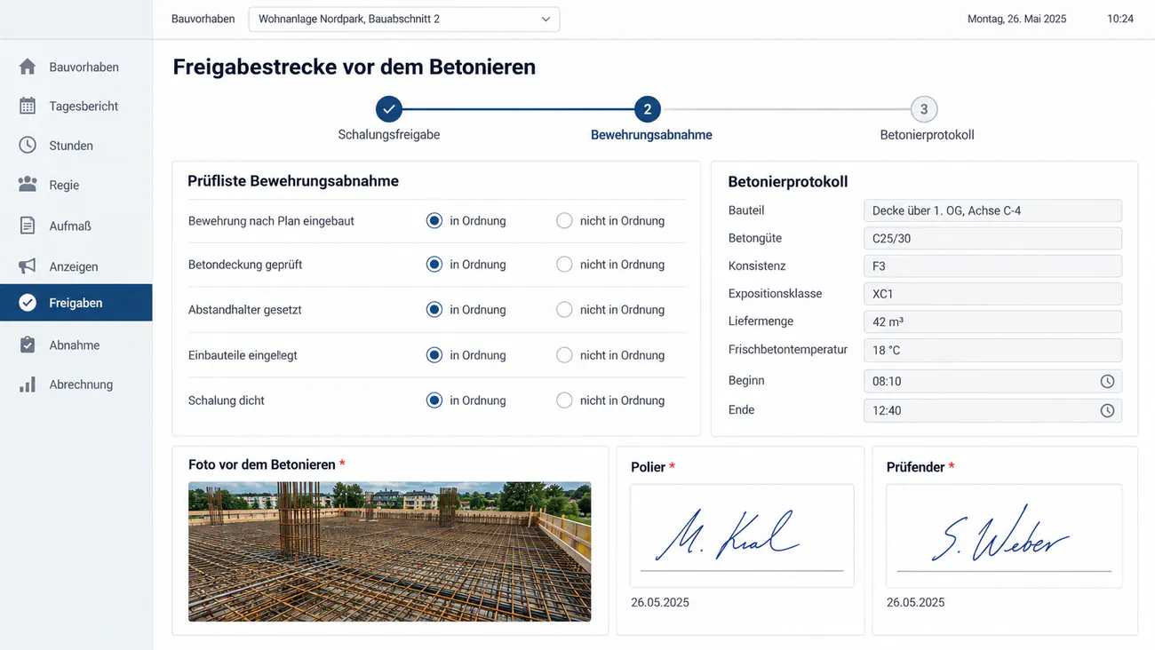 Maske: Schalungsfreigabe, Bewehrungsabnahme und Betonierprotokoll mit Güte und Charge