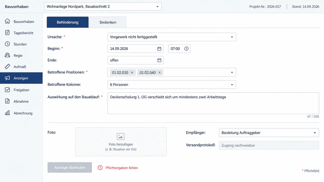 Maske: Behinderungsanzeige mit Ursache, Beginn, Ende und betroffenen Positionen