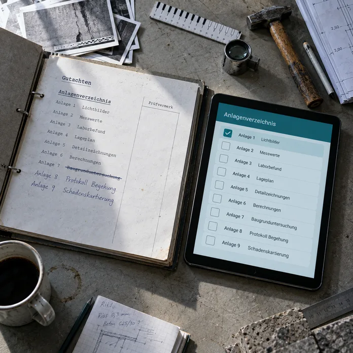 Ingenieur erfasst die Bestandsaufnahme vor Ort auf dem Tablet