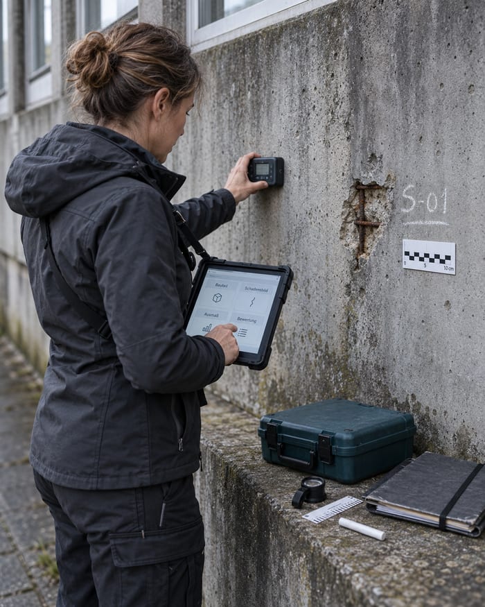 Mitarbeiter eines Ingenieurbüros sieht am Tablet den Stand seiner Projekte