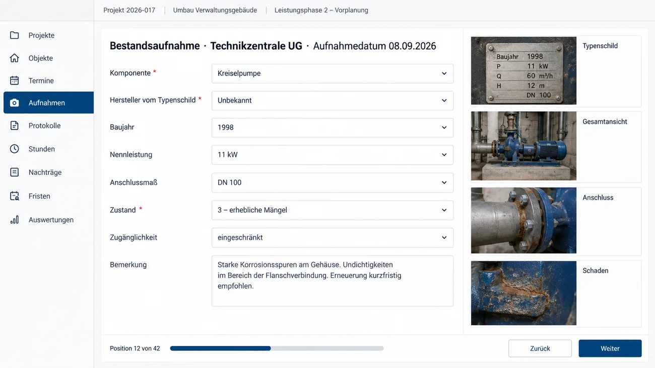 Maske: Bestandsaufnahme mit Maßen, Typenschild, Komponenten und Zustand