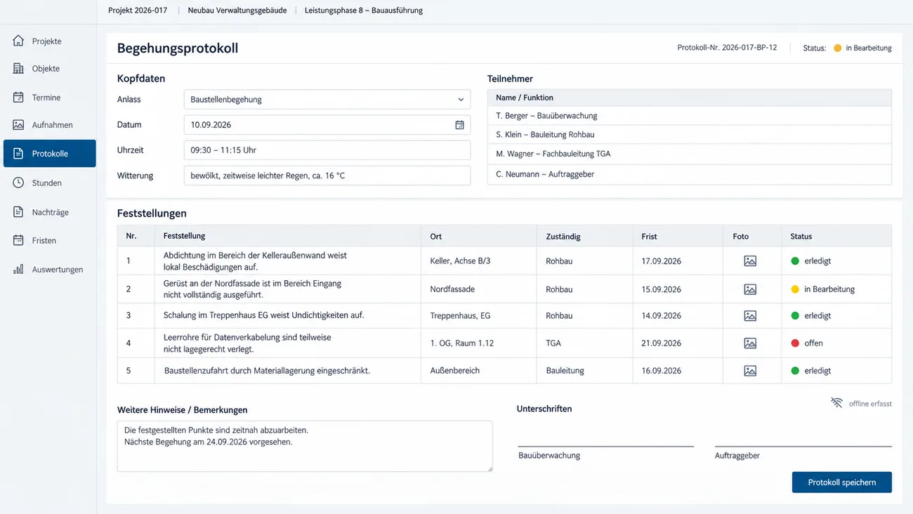 Maske: Begehungsprotokoll mit Teilnehmern, Feststellungen, Frist und Unterschrift