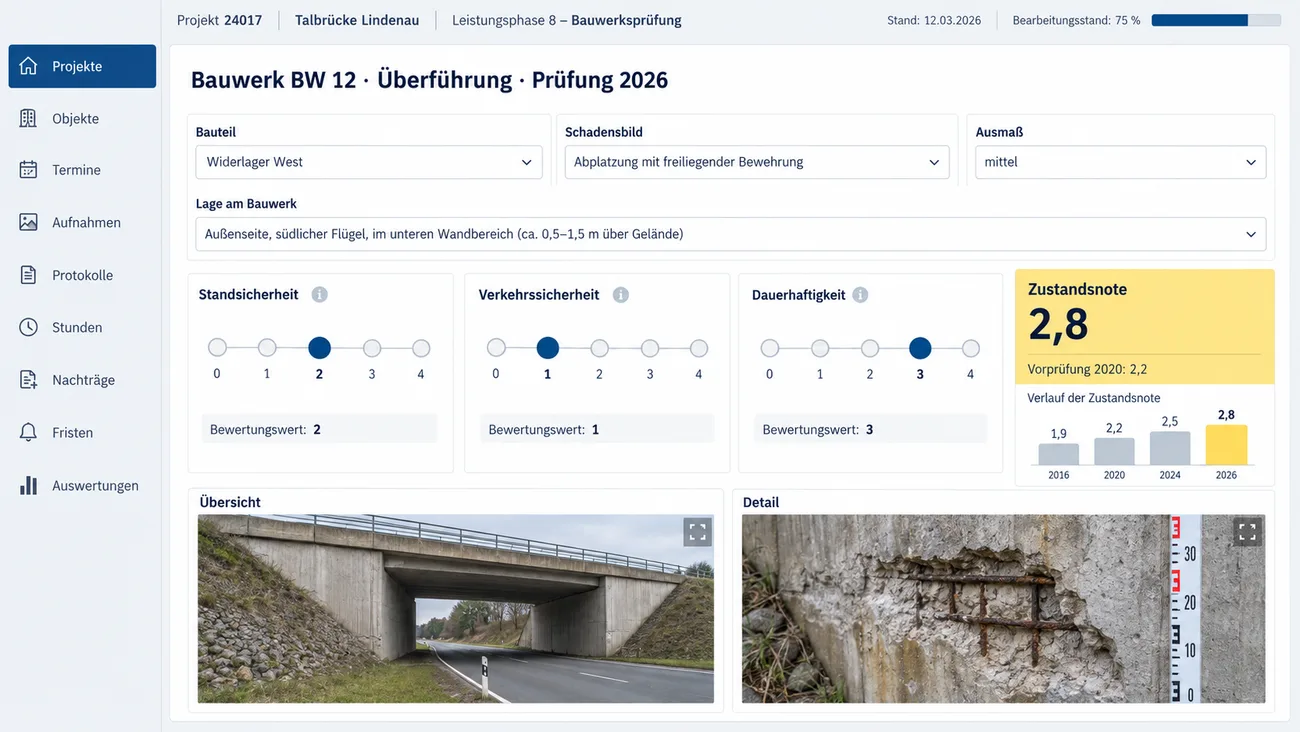 Maske: Prüfbefund mit Schadensbild, Bauteil, Ausmaß, Bewertung und Foto
