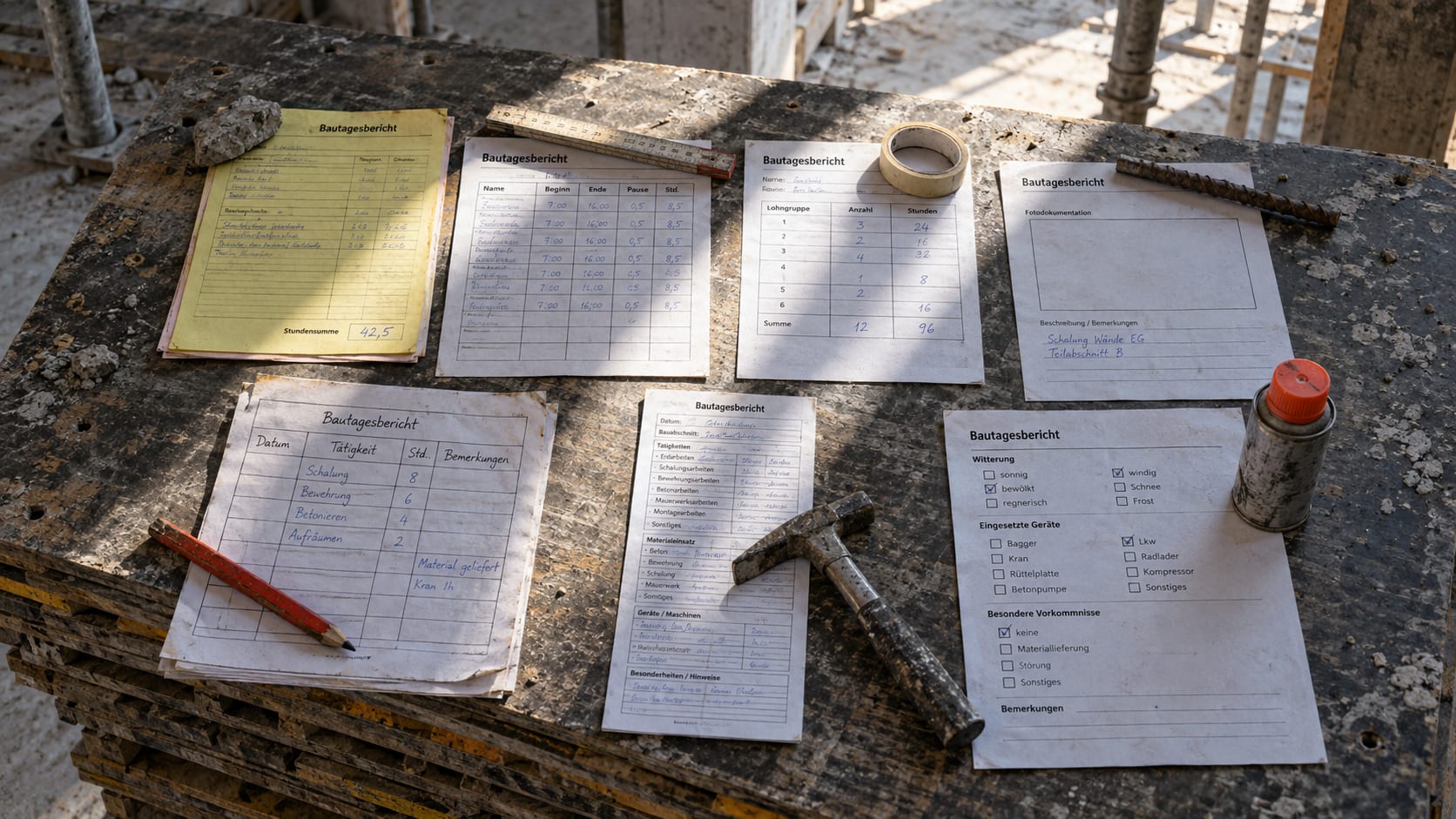 Bautagesbericht auf Papier zwischen Kalkulationsprogramm und Lohnabrechnung