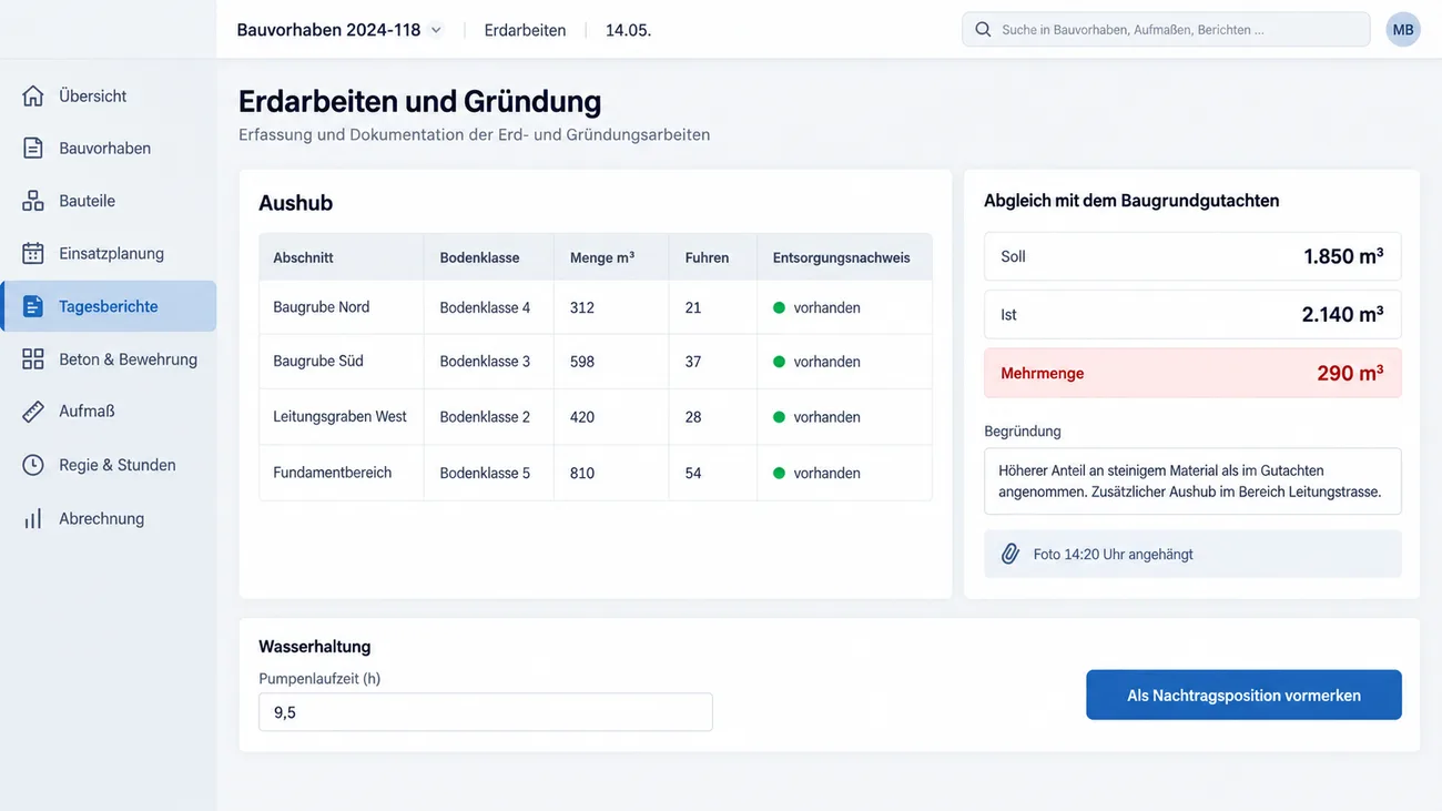 Maske: Aushubmengen, Bodenklassen, Fuhren und Entsorgungsnachweise mit Foto