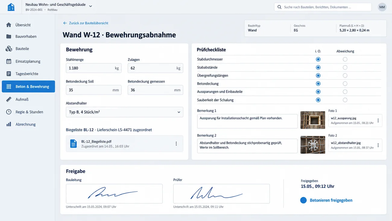 Maske: Biegeliste, Stahlmengen und Checkliste der Eisenabnahme mit Unterschrift