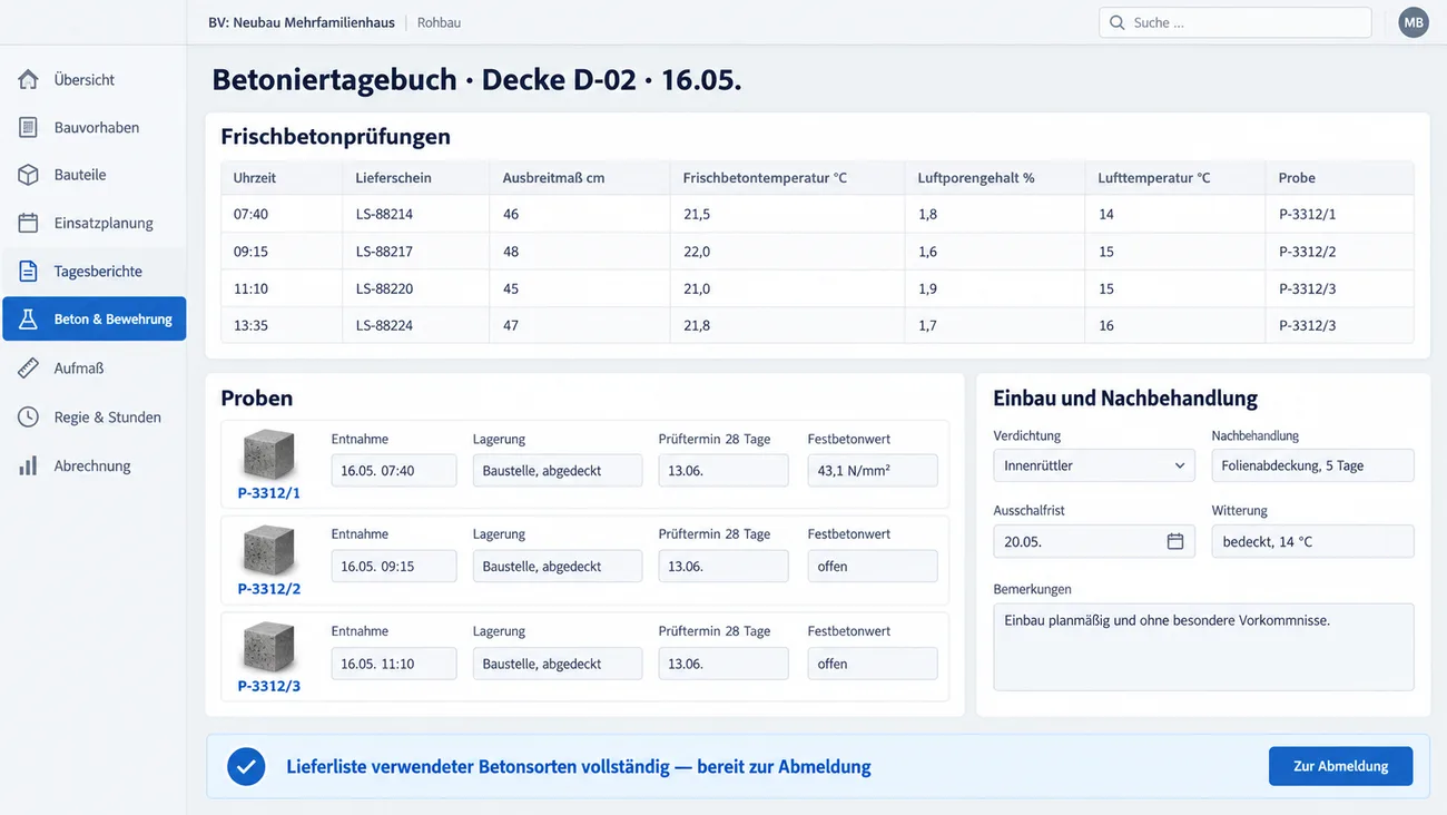 Maske: Frischbetonwerte, Würfelkennzeichnung und Betoniertagebuch am Bauteil