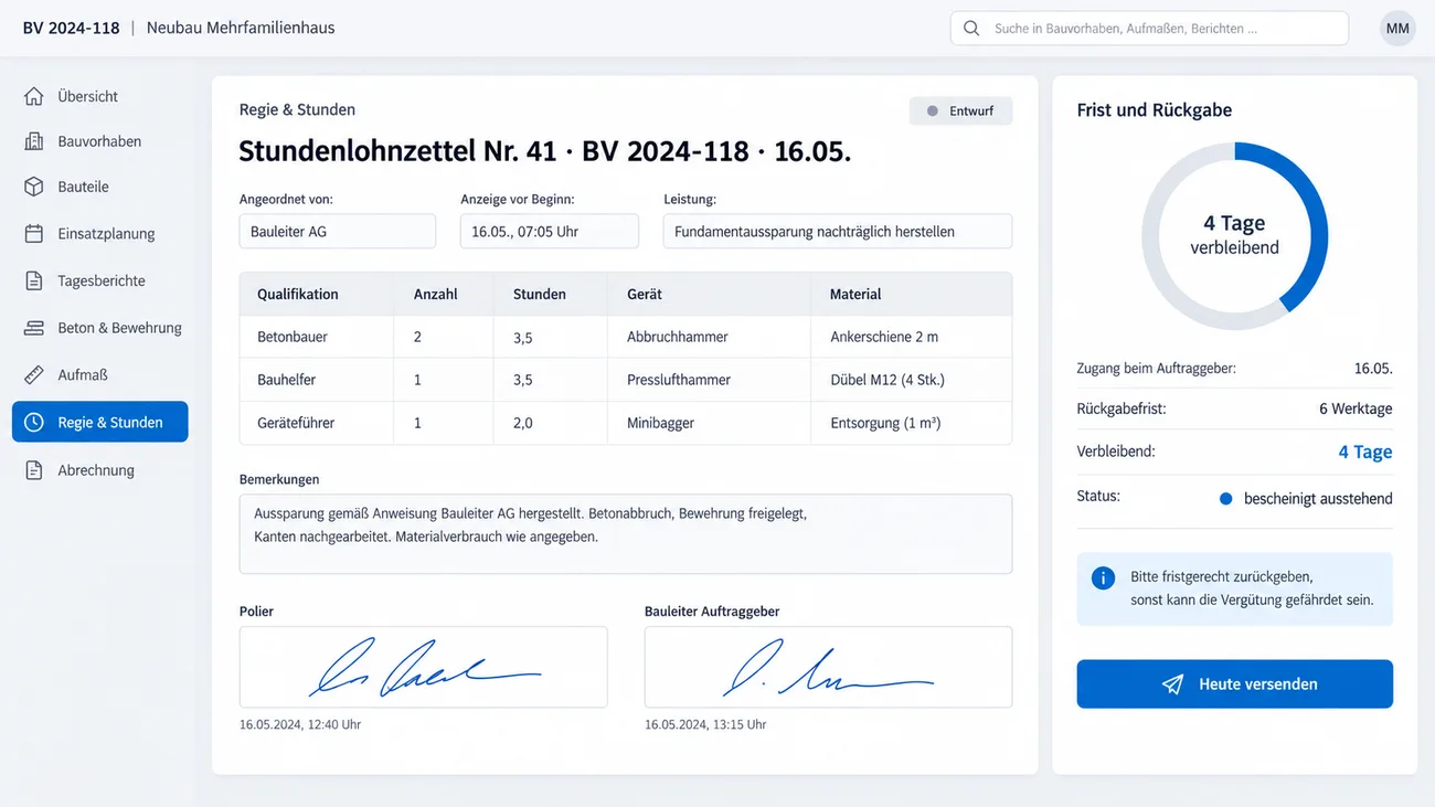 Maske: Regievorgang mit Anordnendem, Stunden, Gerät, Material und Rückgabefrist