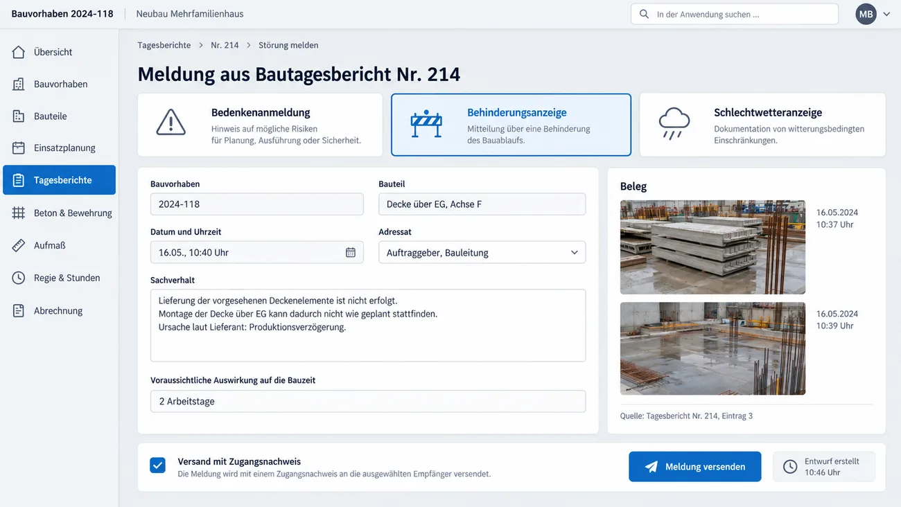 Maske: vorbefüllter Entwurf einer Behinderungsanzeige mit Ort, Bauteil, Foto und Adressat