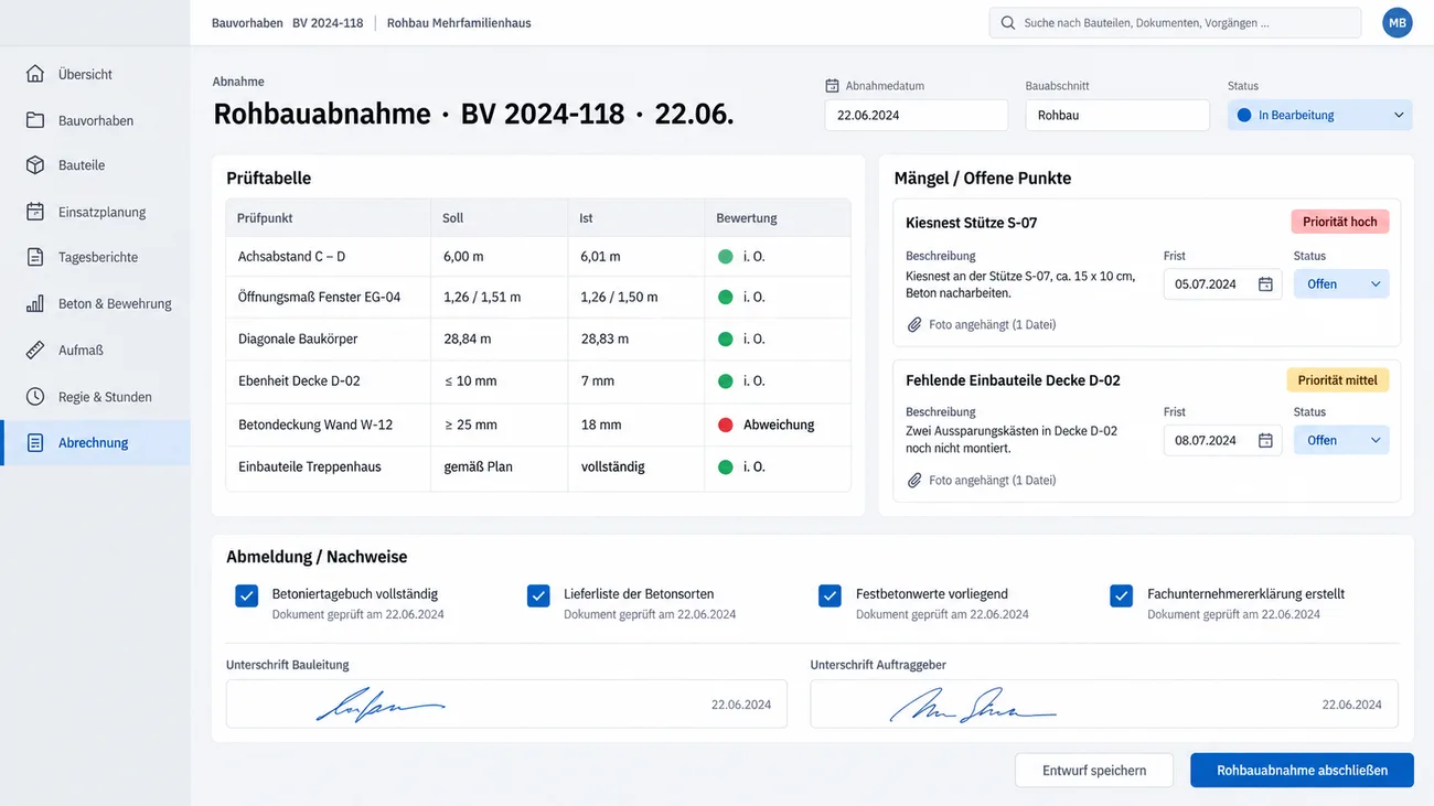 Maske: Checkliste der Rohbauabnahme mit Messwerten, Foto, Mängeln und Unterschriften