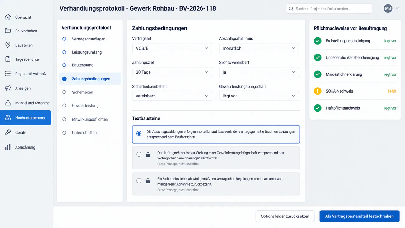 Verhandlungsprotokoll je Gewerk mit Preisen, Sicherheiten und Textbausteinen