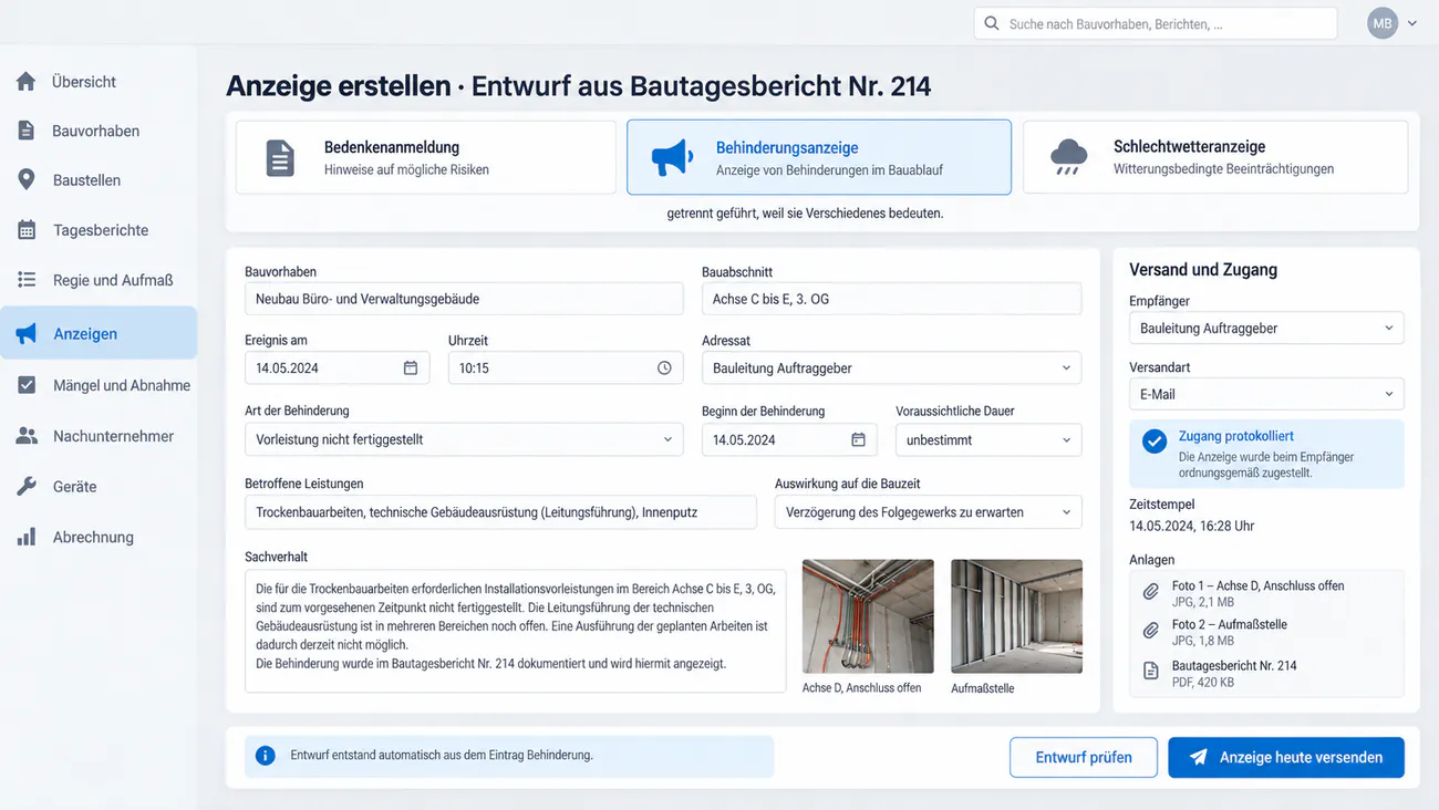 Vorbefüllter Entwurf einer Behinderungsanzeige mit Sachverhalt, Foto und Adressat