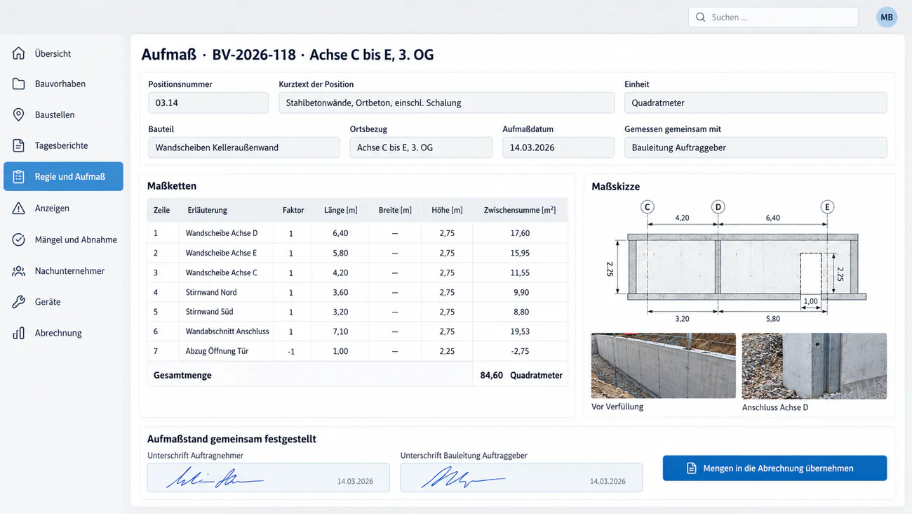 Aufmaßmaske mit Positionsnummer, Maßketten, Zwischensummen, Skizze und Foto