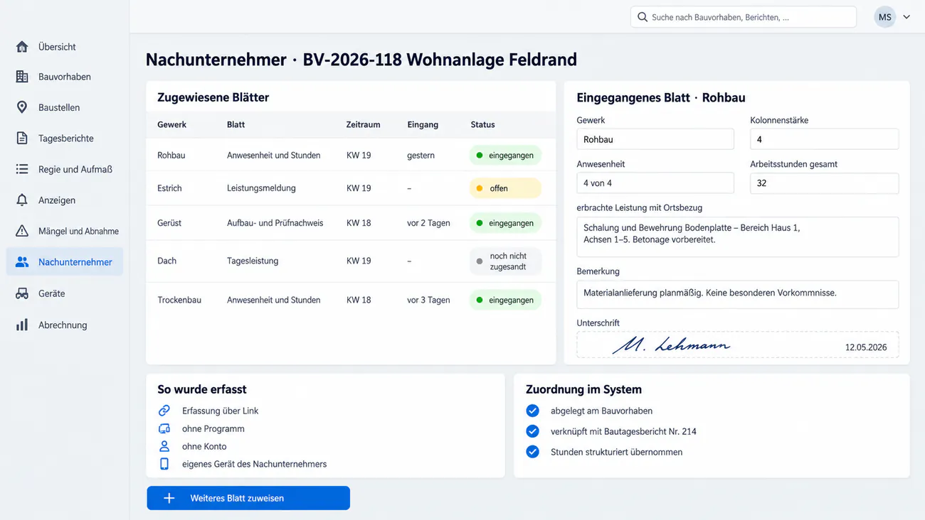 Formular, das ein Nachunternehmer ohne Konto über einen Link ausfüllt