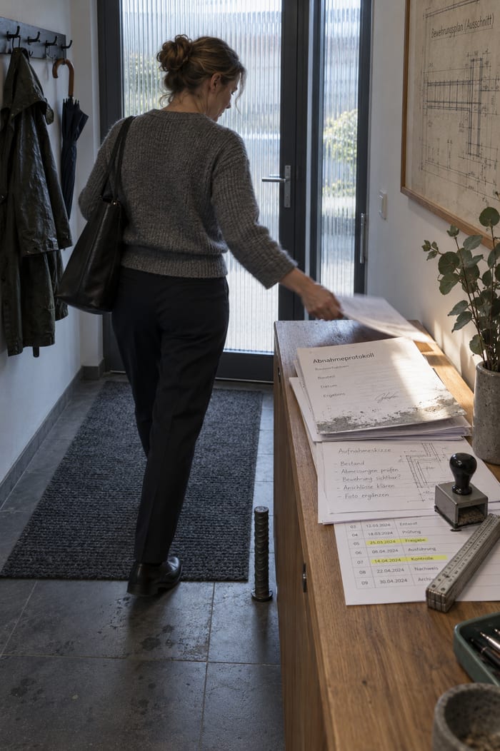 Erstgespräch mit Abnahmeprotokoll, Aufnahmebogen und Planstandliste auf dem Tisch