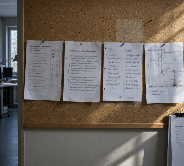 Bauteilprüfliste und Einwendungsliste zweier Büros nebeneinander