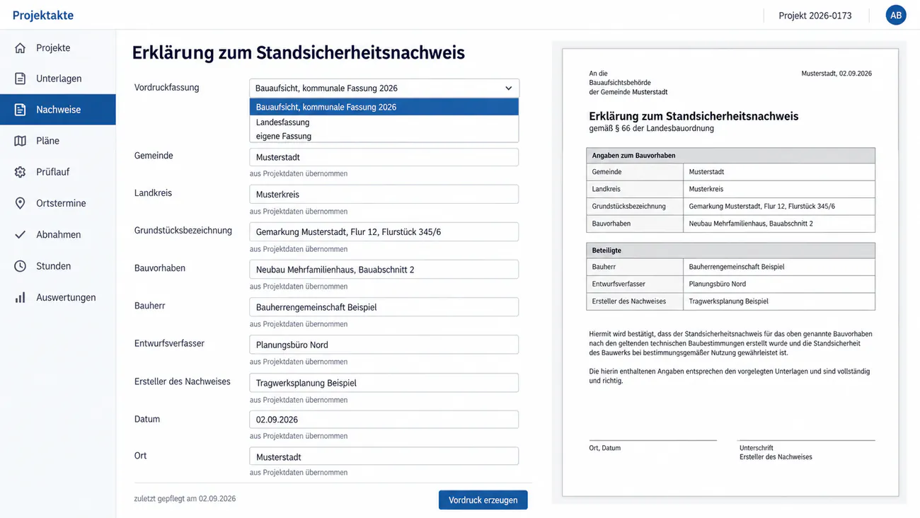 Maske: Erklärung zum Standsicherheitsnachweis im Vordruck der jeweiligen Kommune