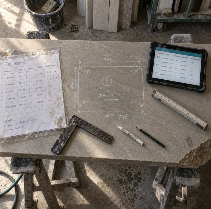 Steinmetz nimmt das Aufmaß direkt am Objekt auf dem Tablet auf