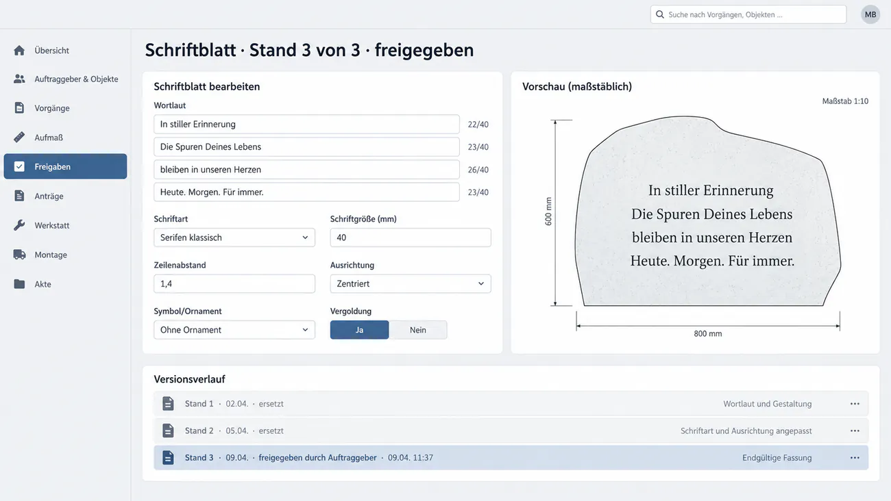 Maske: Schriftblatt mit Wortlaut, Schriftart, Größe und Freigabestand