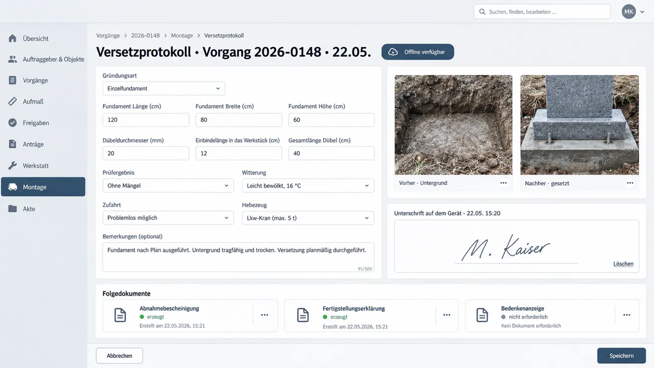 Maske: Versetzprotokoll mit Gründungsart, Verankerung, Prüfergebnis und Fotos