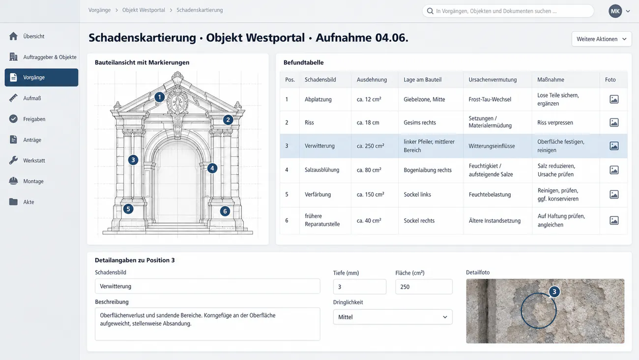 Maske: Schadenskartierung mit Schadensbild, Lage am Bauteil und markiertem Foto