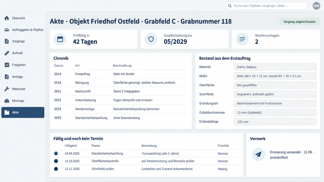 Maske: Akte mit Prüffälligkeiten, Gewährleistungsfristen und Wiedervorlagen
