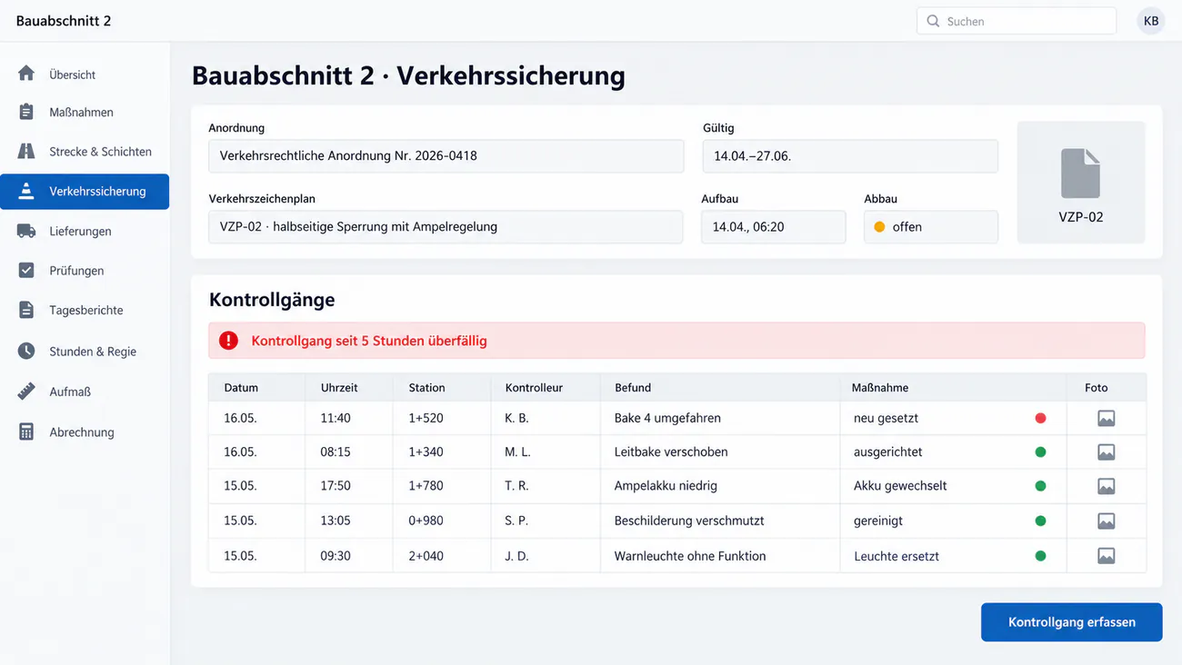 Maske: Verkehrszeichenplan, Anordnung und Kontrollgang mit Zeitstempel