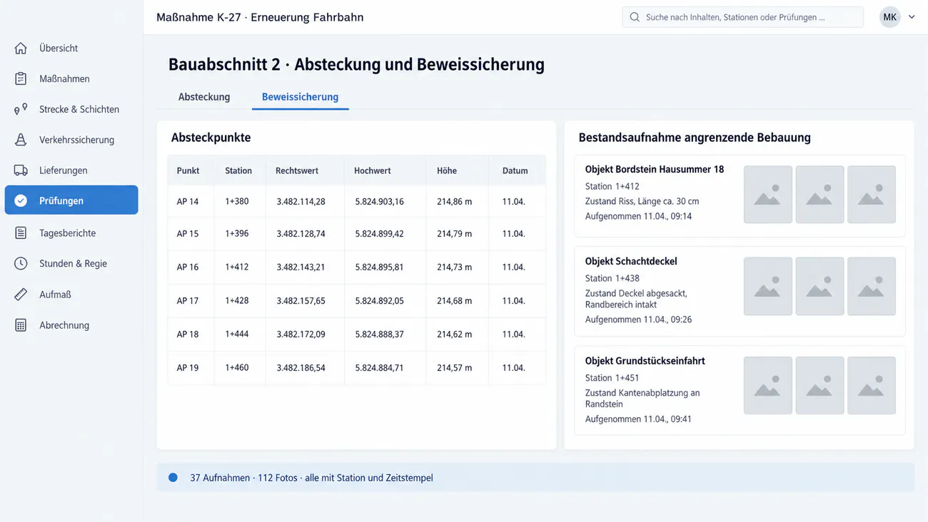 Maske: Absteckpunkte, Höhen und Beweissicherungsfotos mit Station