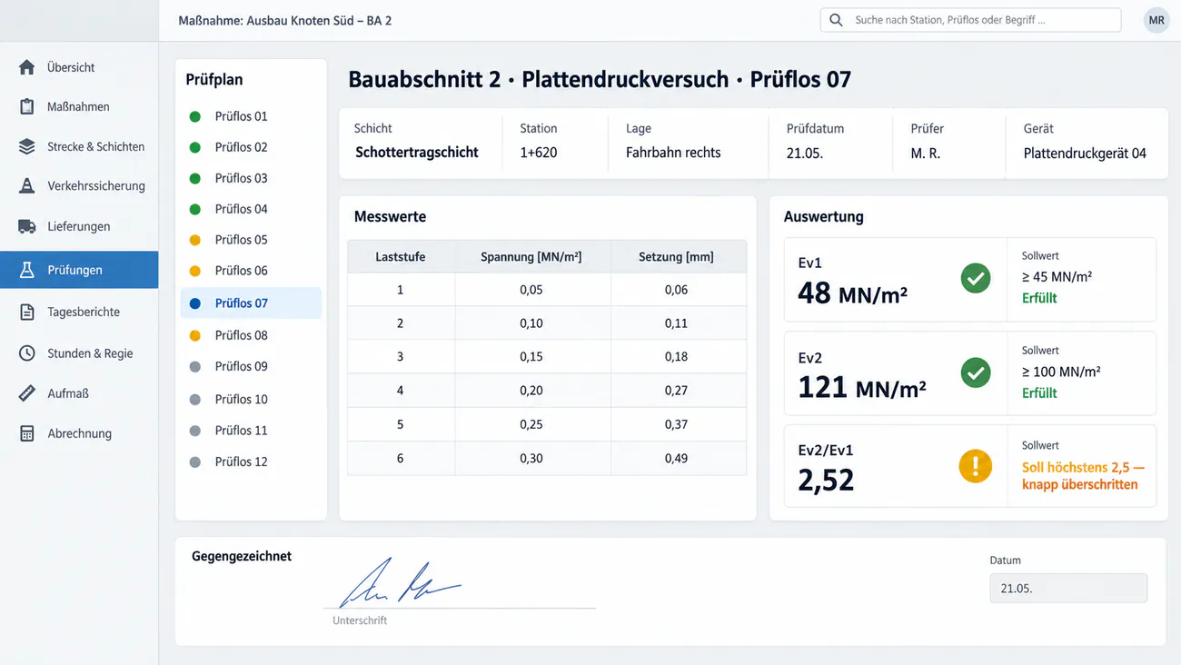 Maske: Plattendruckversuch mit Ev1, Ev2, Station und Sollwertabgleich