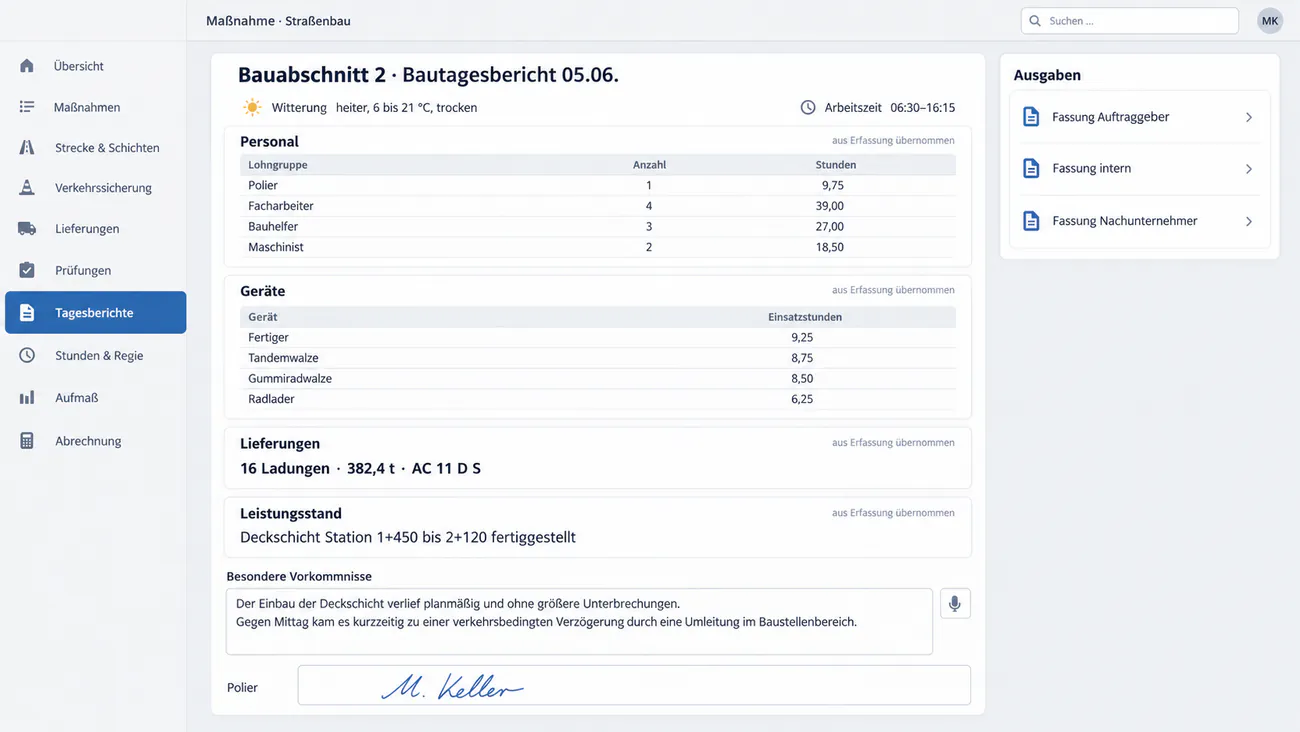 Maske: Bautagesbericht mit Kolonne, Stunden, Geräten und Leistungsstand