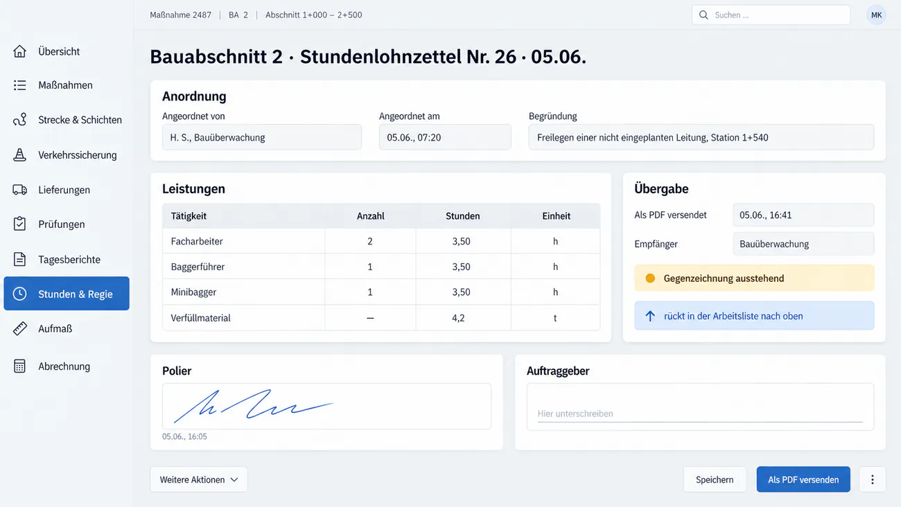 Maske: Stundenlohnzettel mit Anordnendem, Mann, Stunden, Gerät und Unterschrift