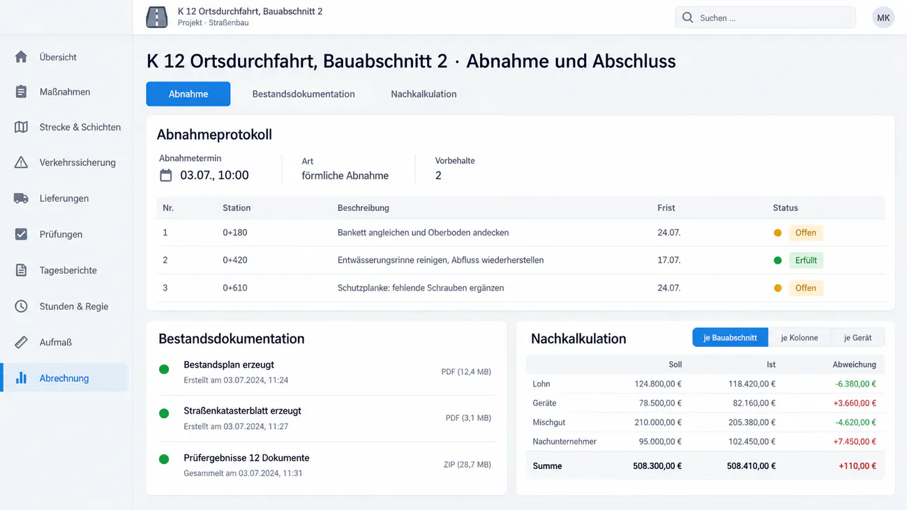 Maske: Abnahmetermin mit Vorbehalten, Restleistungen, Mängeln und Fristen