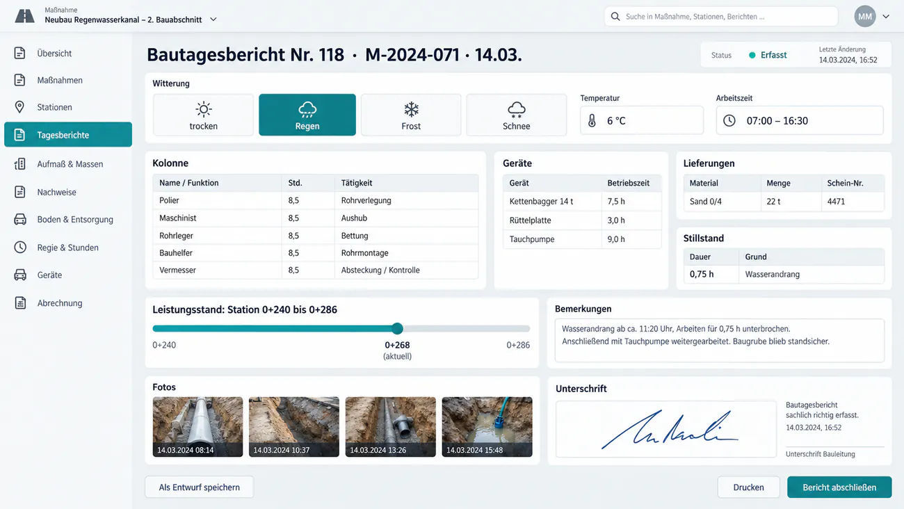 Maske: Bautagesbericht mit Kolonne, Stunden, Witterung und Leistungsstand