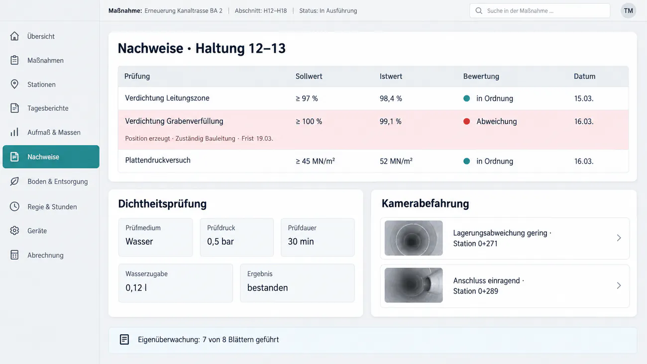 Maske: Verdichtung, Dichtheitsprüfung und Kamerabefund an der Haltung