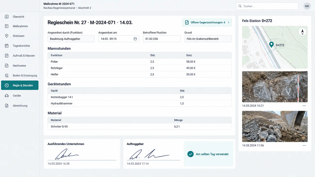 Maske: Regievorgang mit Anordnendem, Stunden, Material und Gegenzeichnung