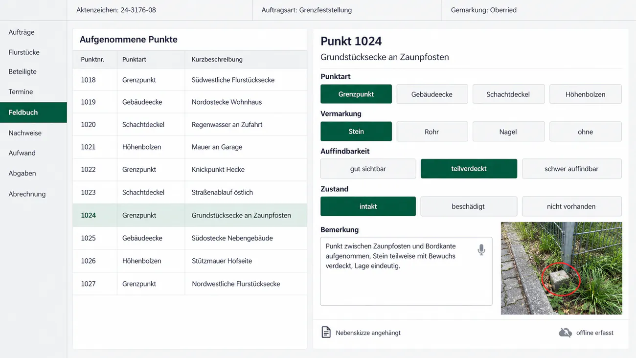 Maske: Feldbuch mit Nebenskizze, Objektattribut und Foto an der Punktnummer