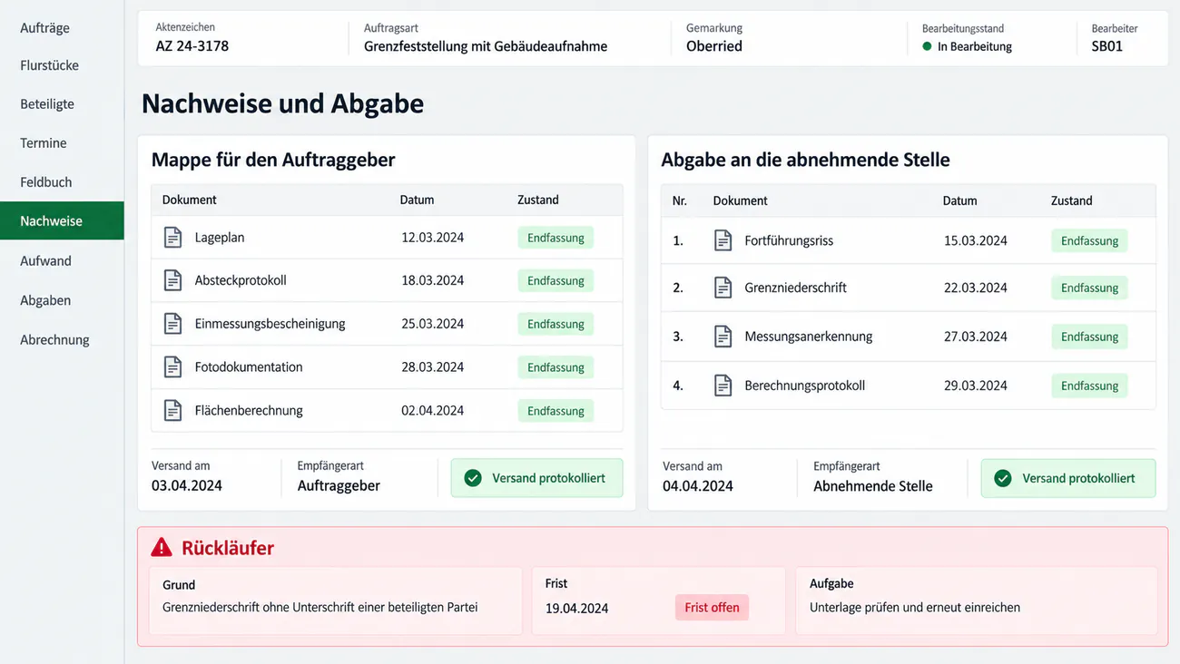 Maske: Ausgabe der Nachweise an Auftraggeber und abnehmende Stelle