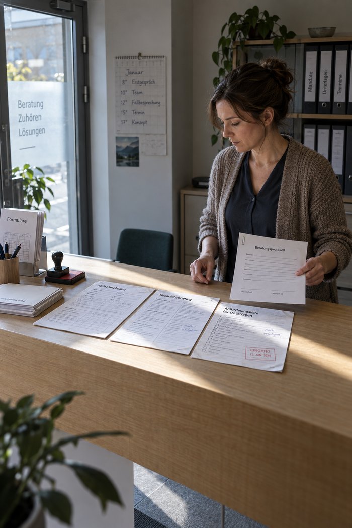 Bürovorsteherin legt am Empfangstresen die Bögen nebeneinander, die in ihrem Haus im Umlauf sind