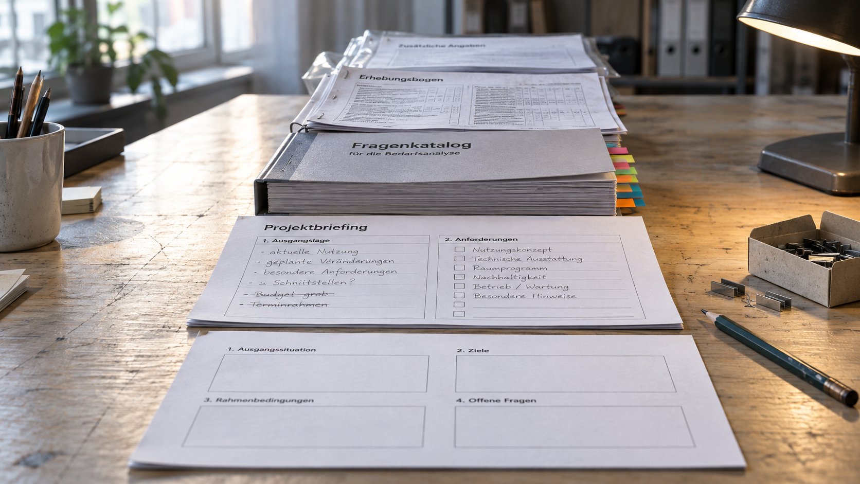 Fünf Fragenkörper aus fünf Häusern gestaffelt nebeneinander auf einem hellen Tisch