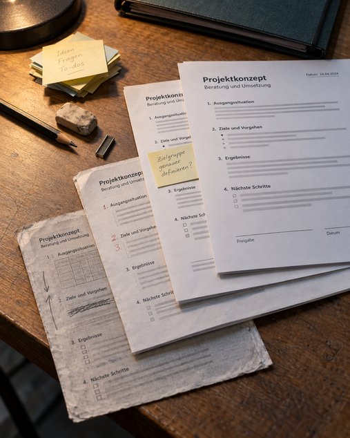 Vier Fassungen desselben Bogens übereinandergelegt, vom korrigierten Erstentwurf bis zur frisch gedruckten Auslieferung