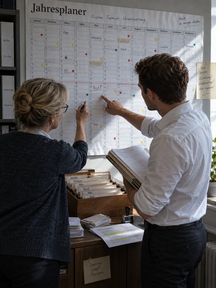 Zwei Mitarbeiterinnen klären eine Frage vor dem Papier-Fristenkalender im Sekretariat einer Kanzlei