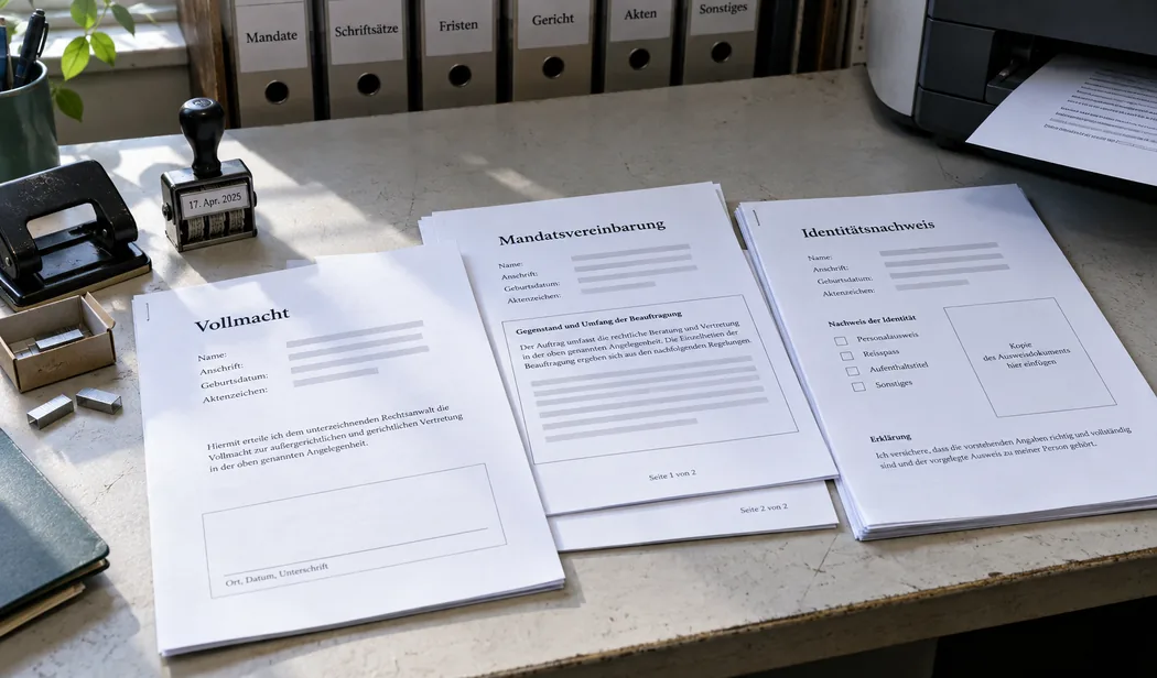 Drei frisch gedruckte Kanzleidokumente nebeneinander am Kuvertierplatz, alle mit demselben Kopf