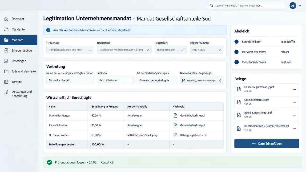 Maske: Legitimation eines Unternehmensmandats auf demselben Datensatz wie die Aufnahme