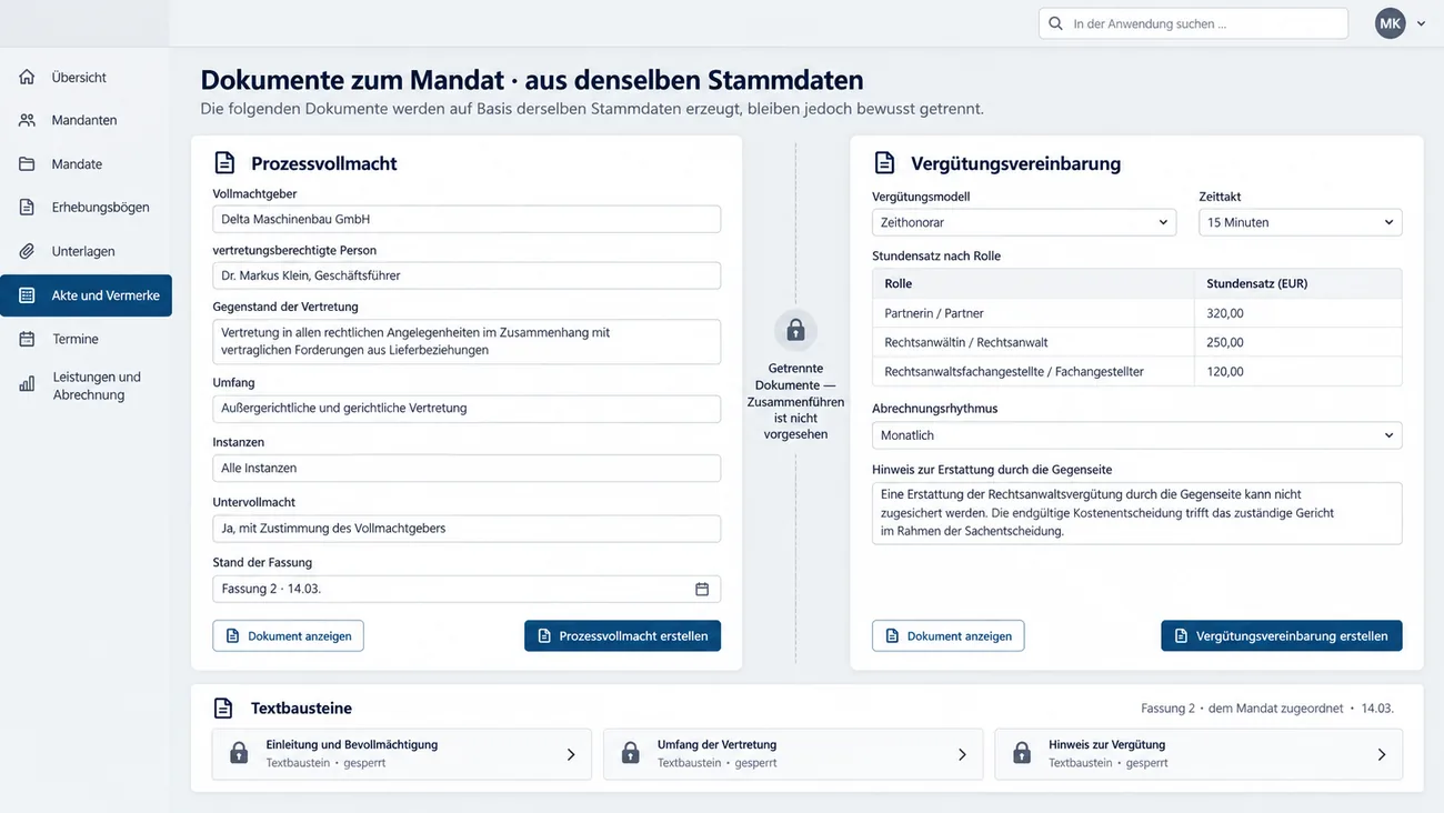 Maske: Prozessvollmacht und Vergütungsvereinbarung als zwei getrennte Dokumente aus denselben Stammdaten