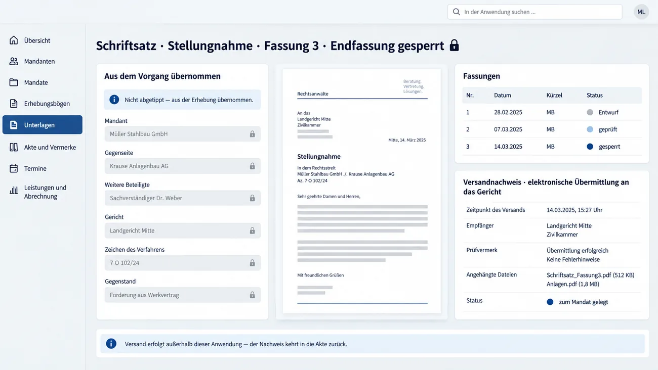 Maske: Schriftsatz mit Fassungsverlauf, gesperrter Endfassung und angehängtem Versandnachweis